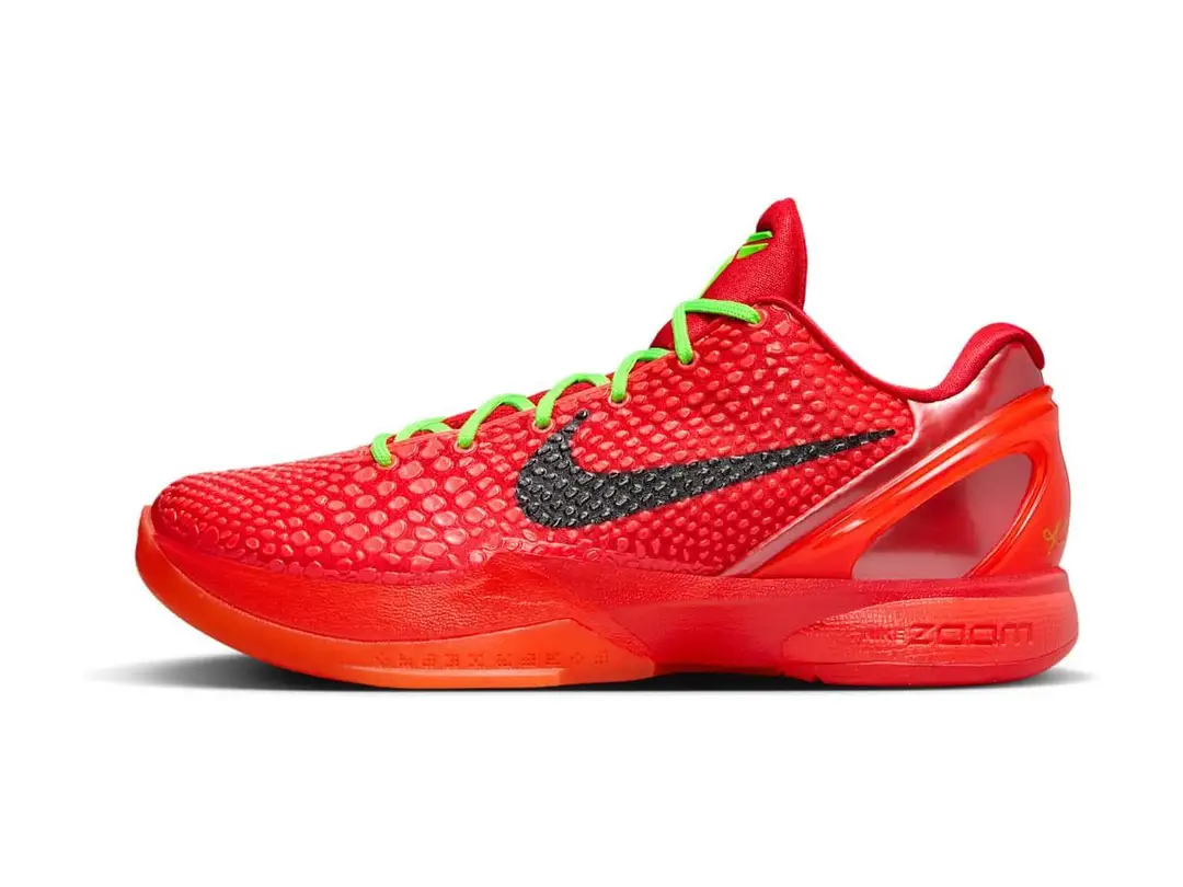 Nike Kobe 6 Protro Reverse Grinch in bright crimson with electric green laces