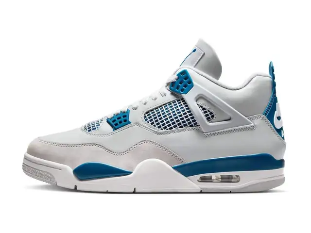 Air Jordan 4 Retro Industrial Blue in off white, military blue and neutral grey