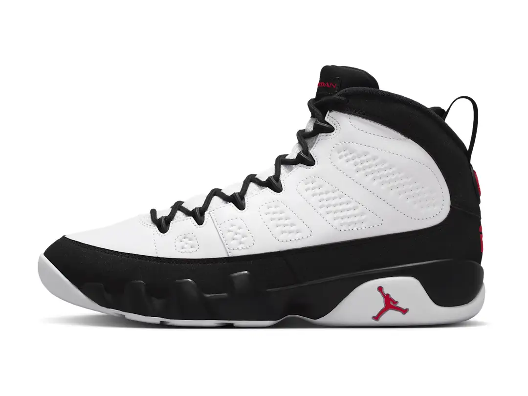 Air Jordan 9 Retro OG in white, black and true red