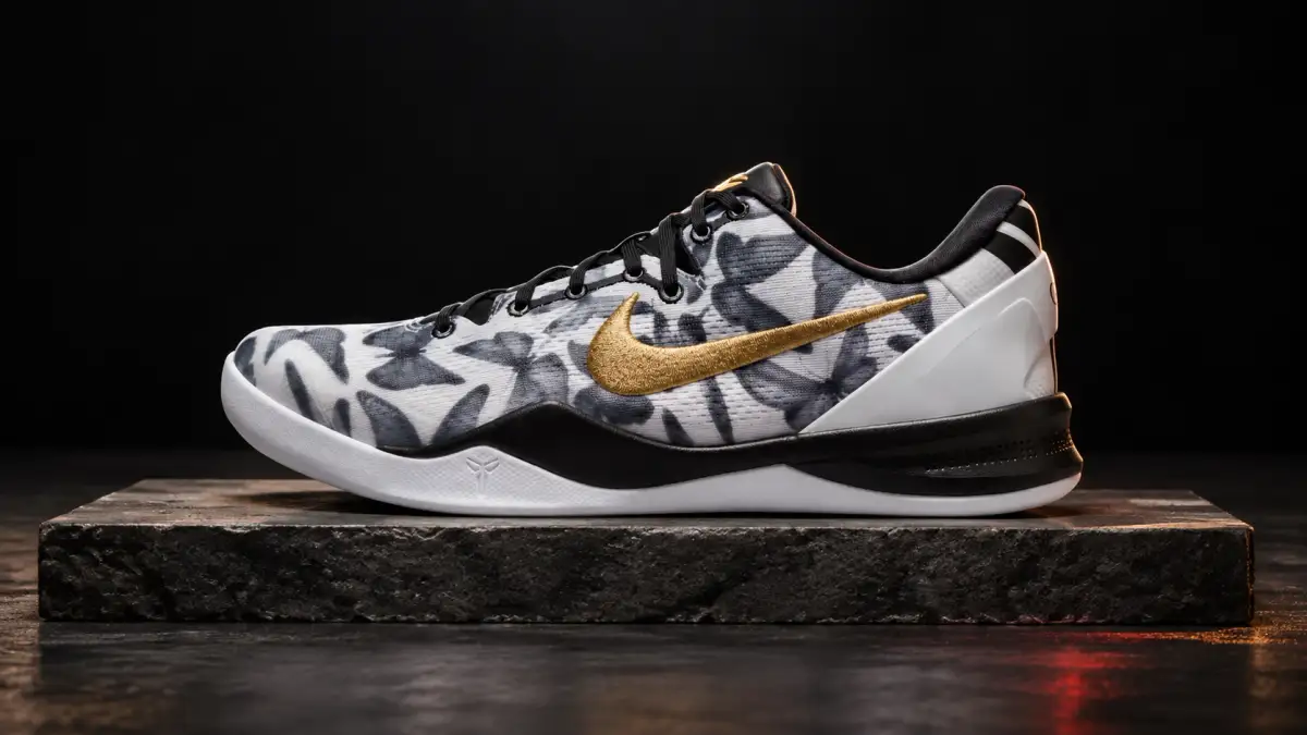 Nike Kobe 8 Protro Mambacita in a dark studio scene with sculpted light.