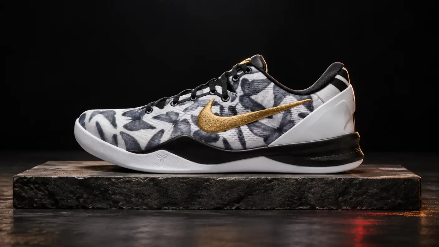 Nike Kobe 8 Protro Mambacita in a dark studio scene with sculpted light.