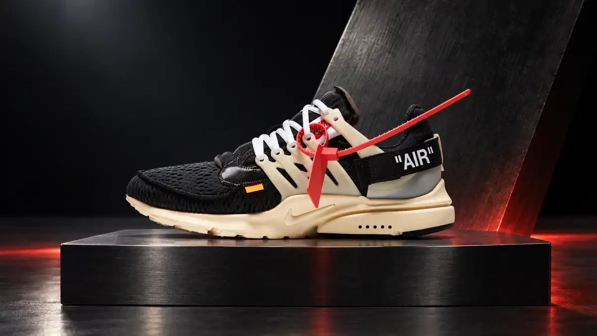 Off-White x Nike Air Presto from The Ten in a dark studio scene with sculpted light.