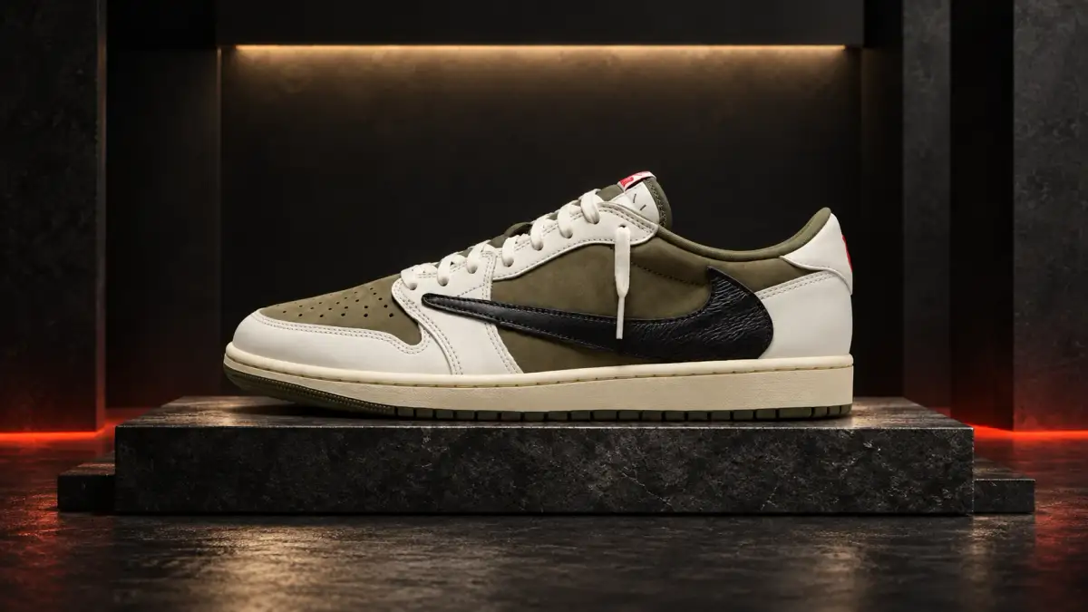 Travis Scott x Air Jordan 1 Low Reverse Olive in a dark studio scene with sculpted light.