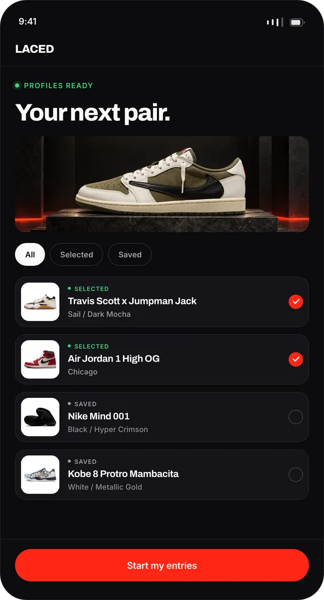 Illustrative Laced app preview with Travis Scott, Jordan, Nike Mind and Kobe product photographs and selected releases.