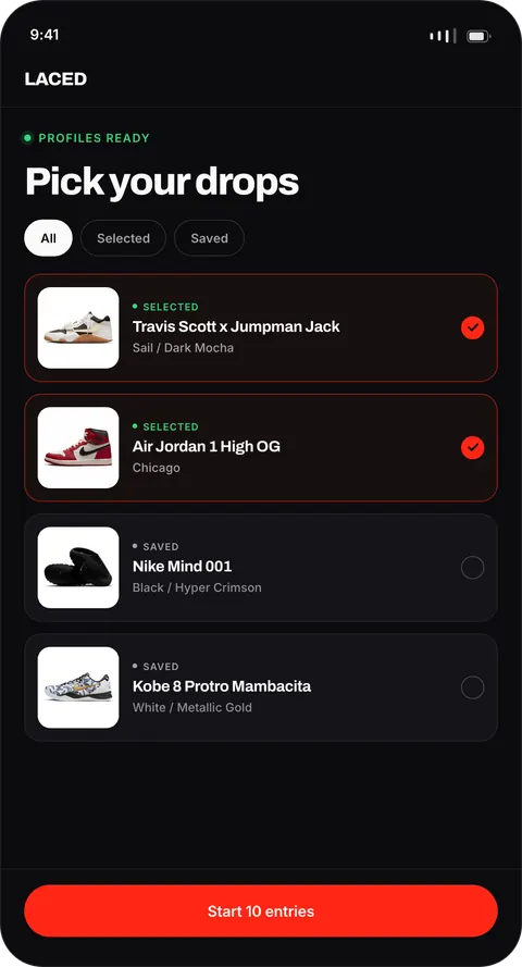 The Laced app calendar with the Travis Scott x Jumpman Jack and Air Jordan 1 selected, and a button reading start ten entries.