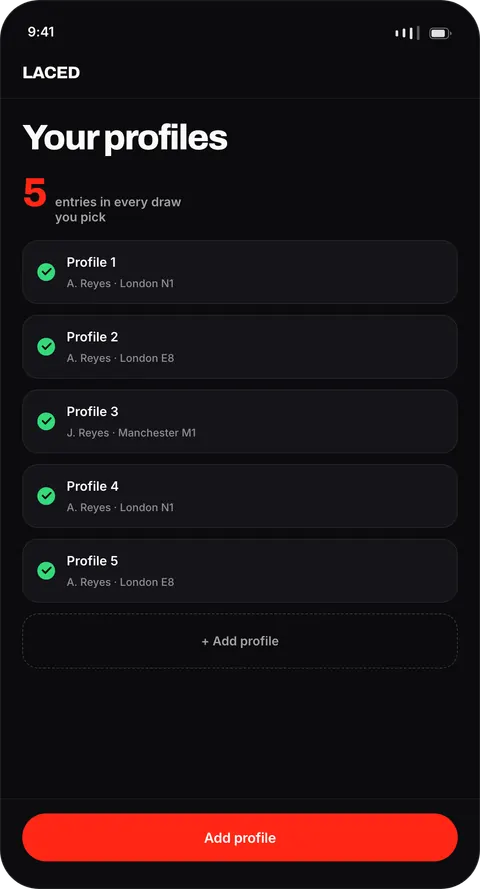 The Laced app showing five validated profiles and the line five entries in every draw you pick.