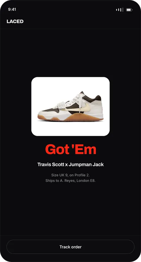 The Laced app showing Got 'Em for the Travis Scott x Jumpman Jack Sail, size UK 9 on profile two, shipping to London.